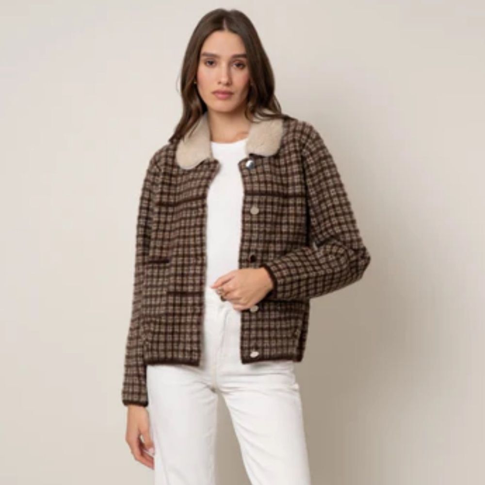 Cyrus Brown Plaid Faux Fur Collar Button Up Jacket  Women’s Size XS